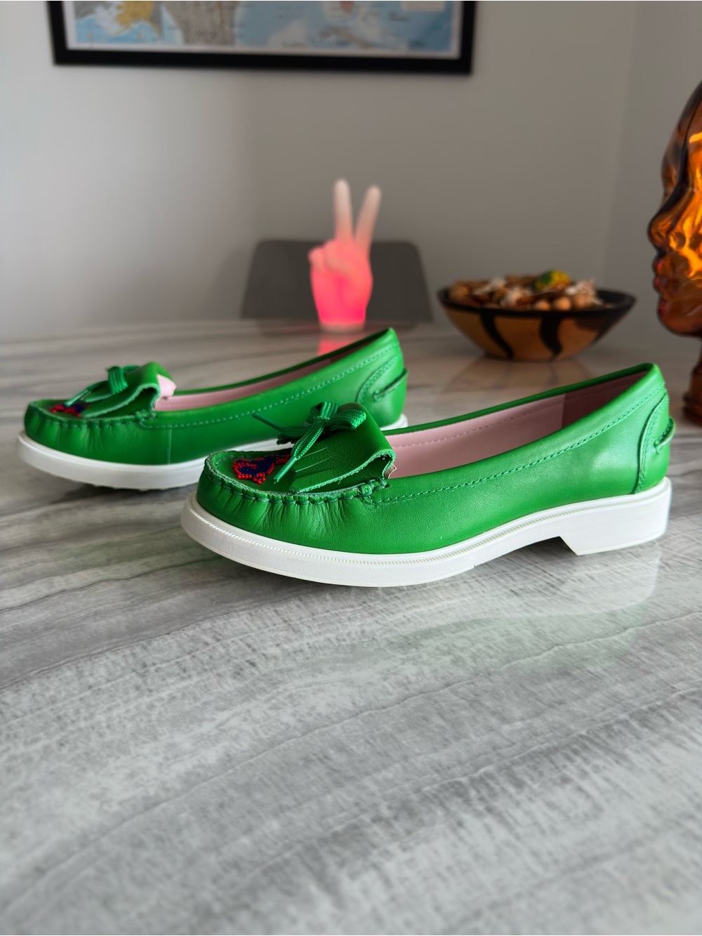 Tory Sport Beaded Rabbit Golf Moccasin in Court Green